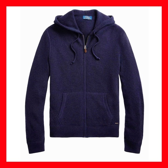 Polo Ralph Lauren 100% Cashmere Full Zip Hoodie Knit Sweater Blue Men's Size M